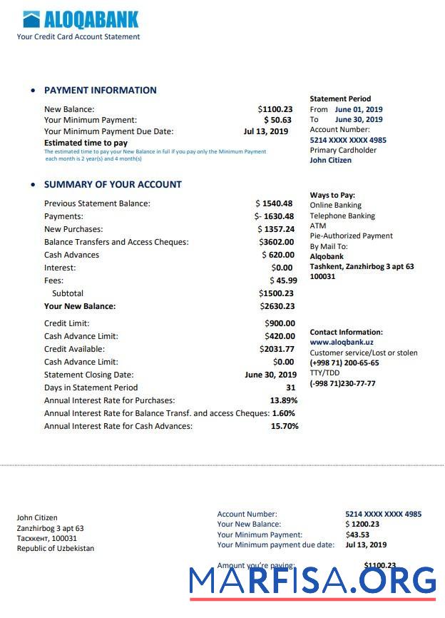 Printable Uzbekistan Aloqabank proof of address statement word template